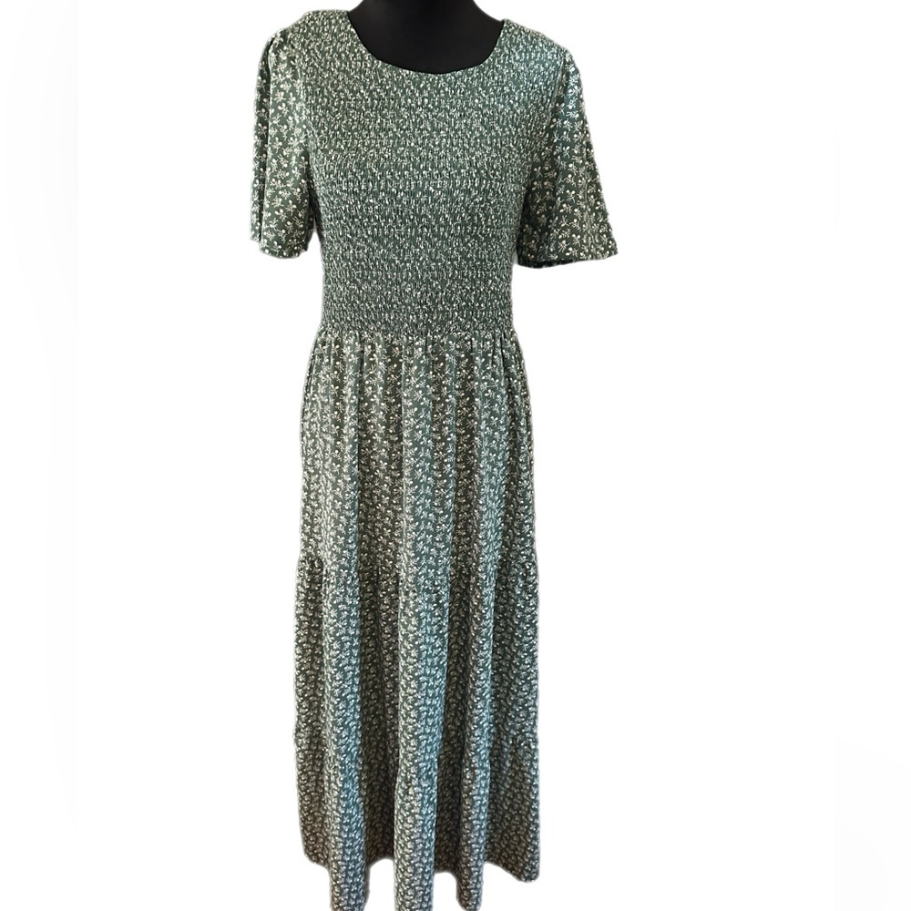 Zattcas Smocked top Olive Patterned Maxi Dress size L - Picture 3 of 13